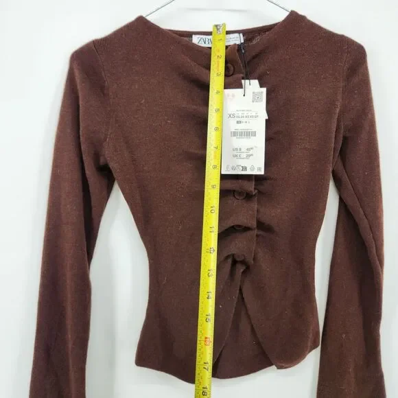 Zara Women's XS Brown Long Sleeve Ribbed Front Cardigan Top NWT - Picture 7 of 7